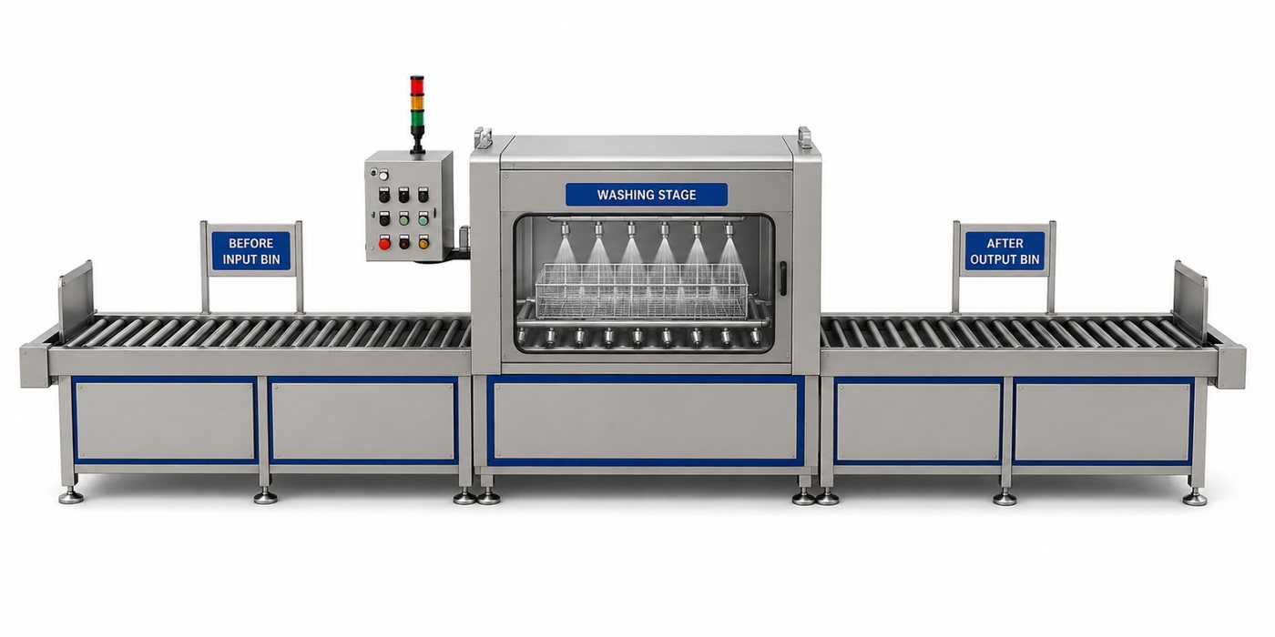 Conveyor-type bin cleaning machine